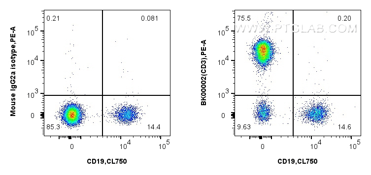  1x10^6 human PBMCs were surface stained with 0.25 ug LE/AF Purified Mouse Anti-Human CD3 Antibody  (Cat. No. BK00002, Clone: OKT3) or 0.25 ug Mouse IgG2a Isotype Control (C1.18.4) (65208-1-Ig, Clone: C1.18.4), and PE-conjugated Goat Anti-Mouse IgG. Cells were then stained with CoraLite® Plus 750 Anti-Human CD19 Rabbit Recombinant Antibody (CL750-98560, Clone: 250499A2). Cells were not fixed. Lymphocytes were gated.