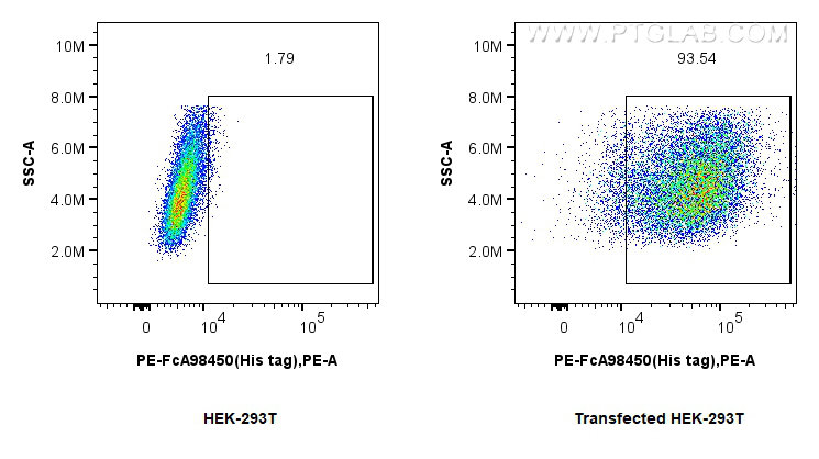 FC experiment of Transfected HEK-293 using PE-FcA98450 FC experiment of Transfected HEK-293 using PE-FcA98450