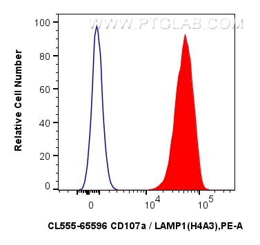 1x10^6 Jurkat cells were intracellularly stained with 5 ul CoraLite® Plus 555 Anti-Human CD107a / LAMP1 (H4A3) Mouse IgG2a RecAb (CL555-65596, Clone: H4A3) (red) or CoraLite® Plus 555 Mouse IgG2a Isotype Control (C1.18.4) (<a class='green' href='/productredirect?CatalogNo=CL555-65208' target='_blank'>CL555-65208</a>, Clone: C1.18.4) (blue). Cells were fixed and permeabilized with Intracellular Flow Cytometry Fixation & Permeabilization Buffer Kit (<a class='green' href='/productredirect?CatalogNo=PF00019' target='_blank'>PF00019</a>). FC experiment of Jurkat using CL555-65596