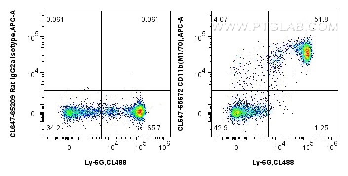 1x10^6 mouse bone marrow cells were surface stained with CoraLite® Plus 488 Anti-Mouse Ly-6G, and 0.25 ug CoraLite® Plus 647 Anti-Mouse CD11b (M1/70) Rat IgG2a RecAb (CL647-65672, Clone :M1/70) or CoraLite® Plus 647 Rat IgG2a Isotype Control (2A3) (<a class='green' href='/productredirect?CatalogNo=CL647-65209' target='_blank'>CL647-65209</a>, Clone: 2A3). Cells were not fixed. FC experiment of mouse bone marrow cells using CL647-65672
