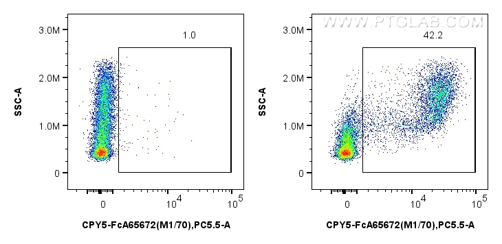 1x10^6 mouse bone marrow cells were surface stained with 0.25 ug PerCP-Cyanine5.5 Anti-Mouse CD11b (M1/70) Rabbit IgG RecAb (CPY5-FcA65672, Clone: M1/70) or 0.25 ug FcZero-rAb™ PerCP-Cyanine5.5 Rabbit IgG Isotype Control Recombinant Antibody (CPY5-FcA98136, Clone: 240953C9). Cells were incubated with MonoZero™ Monocytes blocking Reagent (<a class='green' href='/productredirect?CatalogNo=PF00020' target='_blank'>PF00020</a>) prior to staining. Cells were not fixed. FC experiment of mouse bone marrow cells using CPY5-FcA65672