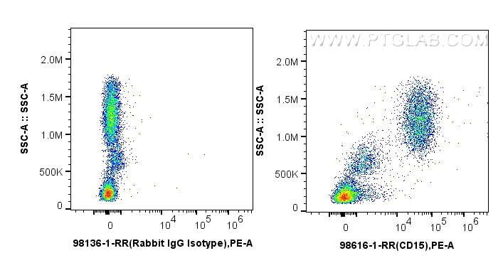 1x10^6 human peripheral blood leukocytes were surface stained with 0.25 ug Anti-Human CD15 Rabbit RecAb (98616-1-RR, Clone: 252342A1) or 0.25 ug Rabbit IgG Isotype Control RecAb (<a class='green' href='/productredirect?CatalogNo=98136-1-RR' target='_blank'>98136-1-RR</a>, Clone: 240953C9), and PE-Conjugated Goat Anti-Rabbit IgG(H+L). Cells were incubated with FC Receptor Block prior to staining. Cells were not fixed. FC experiment of human peripheral blood leukocytes using 98616-1-RR