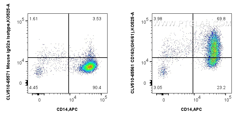 1x10^6 human PBMCs were surface stained with APC Anti-Human CD14, and 5 ul CoraLux Violet 510 Anti-Human CD163 (GHI/61) Mouse IgG2a RecAb (CLV510-65561, Clone: GHI/61) or CoraLux Violet 510 Rabbit IgG Isotype Control Recombinant Antibody (<a class='green' href='/productredirect?CatalogNo=CLV510-98136' target='_blank'>CLV510-98136</a>, Clone: 240953C9). Cells were incubated with FC Receptor Block prior to staining. Cells were not fixed. Monocytes were gated. FC experiment of human PBMCs using CLV510-65561