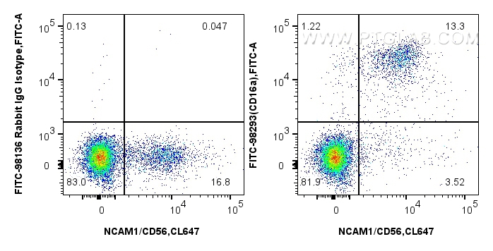 1x10^6 human PBMCs were surface stained with CoraLite® Plus 647 Anti-Human NCAM1/CD56, and 5 ul FITC Plus Anti-Human CD16a Rabbit RecAb (FITC-98293, Clone: 242426G11) or FITC Plus Rabbit IgG Isotype Control RecAb (<a class='green' href='/productredirect?CatalogNo=FITC-98136' target='_blank'>FITC-98136</a>, Clone: 240953C9). Cells were incubated with FC Receptor Block prior to staining. Cells were not fixed. FC experiment of human PBMCs using FITC-98293