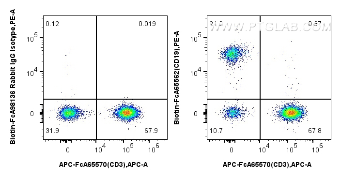 1x10^6 human PBMCs were surface stained with 0.25 ug Biotin Anti-Human CD19 (4G7) Rabbit IgG RecAb (Biotin-FcA65562, Clone: 4G7) or FcZero-rAb™ Biotin Rabbit IgG Isotype Control Recombinant Antibody (<a class='green' href='/productredirect?CatalogNo=Biotin-FcA98136' target='_blank'>Biotin-FcA98136</a>, Clone: 240953C9), and Streptavidin-PE Conjugate (<a class='green' href='/productredirect?CatalogNo=PE-PF00030' target='_blank'>PE-PF00030</a>). Cells were co-stained with FcZero-rAb™ APC Anti-Human CD3 (UCHT1) Rabbit IgG Recombinant Antibody (<a class='green' href='/productredirect?CatalogNo=APC-FcA65570' target='_blank'>APC-FcA65570</a>, Clone: UCHT1). Cells were not fixed. FC experiment of human PBMCs using Biotin-FcA65562