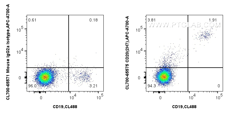 1x10^6 human PBMCs were surface stained with CoraLite® Plus 488 Anti-Human CD19, and 5 ul CoraLite®700 Anti-Human CD20 (2H7) Mouse IgG2a RecAb (CL700-65575, Clone: 2H7) or CoraLite® Plus 488 Anti-Human CD19 (4G7) Mouse IgG2a Recombinant Antibody (<a class='green' href='/productredirect?CatalogNo=CL488-65562' target='_blank'>CL488-65562</a>, Clone: 4G7). Cells were not fixed. FC experiment of human PBMCs using CL700-65575