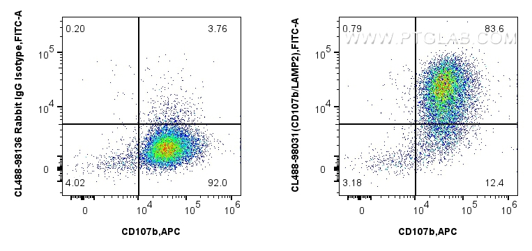 1x10^6 mouse peritoneal macrophages were surface stained with APC Anti-Mouse CD107b / LAMP2, and 0.25 ug CoraLite® Plus 488 Anti-Mouse CD206 Rabbit RecAb (CL488-98031, Clone: 240344D12) or CoraLite® Plus 488 Rabbit IgG Isotype Control RecAb (<a class='green' href='/productredirect?CatalogNo=CL488-98136' target='_blank'>CL488-98136</a>, Clone: 240953C9). Cells were incubated with FC Receptor Block prior to staining and fixing. Cells were not fixed. FC experiment of mouse peritoneal macrophages using CL488-98031