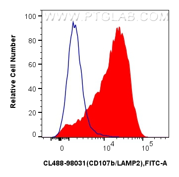 1x10^6 mouse peritoneal macrophages were surface stained with 0.25 ug CoraLite® Plus 488 Anti-Mouse CD206 Rabbit RecAb (CL488-98031, Clone: 240344D12) (red) or CoraLite® Plus 488 Rabbit IgG Isotype Control RecAb (<a class='green' href='/productredirect?CatalogNo=CL488-98136' target='_blank'>CL488-98136</a>, Clone: 240953C9) (blue). Cells were incubated with FC Receptor Block prior to staining and fixing. Cells were not fixed. FC experiment of mouse peritoneal macrophages using CL488-98031