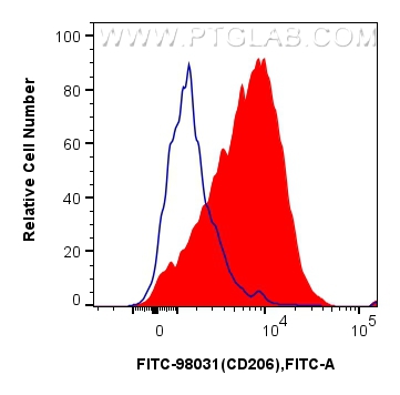 1x10^6 mouse peritoneal macrophages were surface stained with 0.25 ug FITC Plus Anti-Mouse CD206 Rabbit RecAb (FITC-98031, Clone: 240344D12) (red) or FITC Plus Rabbit IgG Isotype Control RecAb (<a class='green' href='/productredirect?CatalogNo=FITC-98136' target='_blank'>FITC-98136</a>, Clone: 240953C9)(blue). Cells were incubated with FC Receptor Block prior to staining and fixing. Cells were not fixed. FC experiment of mouse peritoneal macrophages using FITC-98031