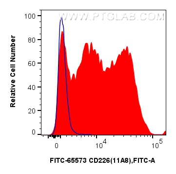 1x10^6 human PBMCs were surface stained with 5 ul FITC Plus Anti-Human CD226 (11A8) Mouse IgG2a RecAb (FITC-65573, Clone: 11A8) (red) or FITC Plus Mouse IgG2a Isotype Control (C1.18.4) (<a class='green' href='/productredirect?CatalogNo=FITC-65208' target='_blank'>FITC-65208</a>, Clone: C1.18.4) (blue). Cells were not fixed. FC experiment of human PBMCs using FITC-65573