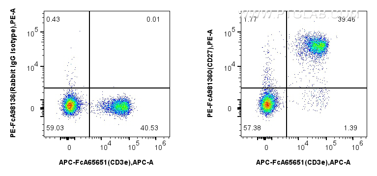 1x10^6 mouse splenocytes were surface stained with FcZero-rAb™ APC Anti-Mouse CD3e, and 0.25 ug PE Anti-Mouse CD27 Rabbit RecAb (PE-FcA98160, Clone: 241378E11) or 0.25 ug PE Rabbit IgG Isotype Control RecAb (<a class='green' href='/productredirect?CatalogNo=PE-FcA98136' target='_blank'>PE-FcA98136</a>, Clone: 240953C9). Cells were not fixed. FC experiment of mouse splenocytes using PE-FcA98160