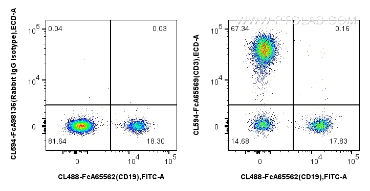 1x10^6 human PBMCs were surface stained with FcZero-rAb™ CoraLite® Plus 488 Anti-Human CD19 (4G7), and 5 ul CoraLite® Plus 594 Anti-Human CD3 (OKT3) Rabbit IgG RecAb (CL594-FcA65569, Clone: OKT3) or CoraLite®594 Rabbit IgG Isotype Control RecAb (CL594-FcA98136, Clone: 240953C9). Cells were not fixed. Lymphocytes were gated. FC experiment of human PBMCs using CL594-FcA65569