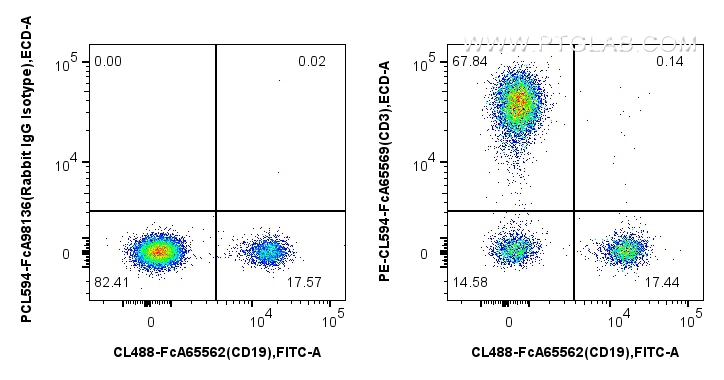 1x10^6 human PBMCs were surface stained with FcZero-rAb™ CoraLite® Plus 488 Anti-Human CD19 (4G7), and 5 ul PE-CL594 Plus Anti-Human CD3 (OKT3) Rabbit IgG RecAb (PCL594-FcA65569, Clone: OKT3) or FcZero-rAb™ PE-CoraLite® Plus 594 Rabbit IgG Isotype Control Recombinant Antibody (PCL594-FcA98136, Clone: 240953C9). Cells were not fixed. Lymphocytes were gated. FC experiment of human PBMCs using PCL594-FcA65569