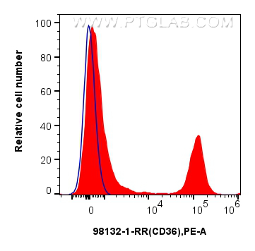 1x10^6 human PBMCs were surface stained with 0.25 ug Anti-Human CD36 Rabbit RecAb (98132-1-RR, Clone: 241262D5) (red) or Rabbit IgG Isotype Control RecAb (<a class='green' href='/productredirect?CatalogNo=98136-1-RR' target='_blank'>98136-1-RR</a>, Clone: 240953C9) (blue), and PE-Conjugated Goat Anti-Rabbit IgG(H+L). Cells were incubated with FC Receptor Block prior to staining. Cells were not fixed. FC experiment of human PBMCs using 98132-1-RR