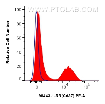 1x10^6 mouse splenocytes were surface stained with 0.25 ug Anti-Mouse CD37 Rabbit RecAb (<a class='green' href='/productredirect?CatalogNo=98443-1-RR' target='_blank'>98443-1-RR</a>, Clone: 250262E4) (red) or 0.25 ug Rabbit IgG Isotype Control RecAb (<a class='green' href='/productredirect?CatalogNo=98136-1-RR' target='_blank'>98136-1-RR</a>, Clone: 240953C9) (blue), and PE-Conjugated Goat Anti-Rabbit IgG(H+L). Cells were not fixed. This data was developed using the same antibody clone with 98443-1-PBS in a different storage buffer formulation. FC experiment of mouse splenocytes using 98443-1-RR (same clone as 98443-1-PBS)