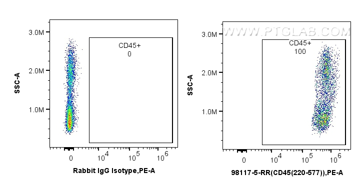 FC experiment of human PBMCs using 98117-5-RR (same clone as 98117-5-PBS) FC experiment of human PBMCs using 98117-5-RR (same clone as 98117-5-PBS)