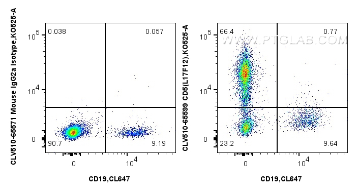 1x10^6 human PBMCs were surface stained with CoraLite® Plus 647 Anti-Human CD19, and 5 ul CoraLux Violet 510 Anti-Human CD5 (L17F12) Mouse IgG2a RecAb (CLV510-65599, Clone: L17F12) or CoraLux Violet 510 Mouse IgG2a Isotype Control (MOPC-173) Recombinant Antibody (<a class='green' href='/productredirect?CatalogNo=CLV510-65571' target='_blank'>CLV510-65571</a>, Clone: MOPC-173). Cells were not fixed. FC experiment of human PBMCs using CLV510-65599
