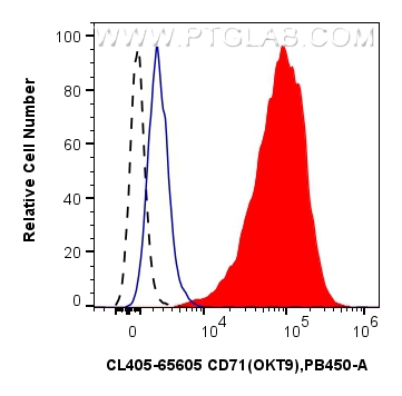 1x10^6 PHA treated human PBMCs were surface stained with 5 ul CoraLite® Plus 405 Anti-Human CD71 (OKT9) Mouse IgG2a RecAb (CL405-65605, Clone: OKT9) (red) or CoraLite® Plus 405 Mouse IgG2a Isotype Control (C1.18.4) (<a class='green' href='/productredirect?CatalogNo=CL405-65208' target='_blank'>CL405-65208</a>, Clone: C1.18.4) (blue). 1x10^6 untreated human PBMCs were surface stained with 5 ul CoraLite® Plus 405 Anti-Human CD71 (OKT9) Mouse IgG2a RecAb (CL405-65605, Clone: OKT9)(black, dashed). Cells were not fixed. FC experiment of human PBMCs using CL405-65605