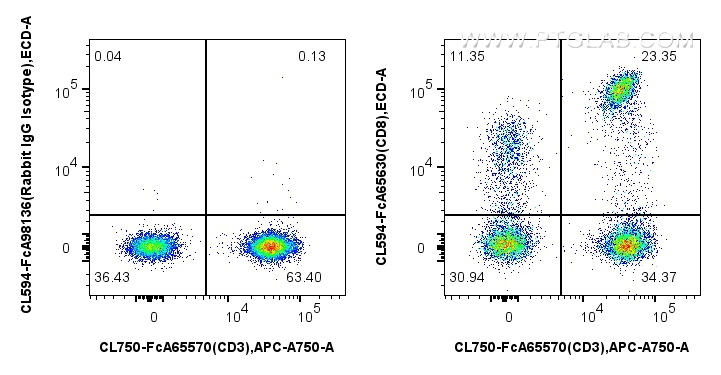 1x10^6 human PBMCs were surface stained with FcZero-rAb™ CoraLite® Plus 750 Anti-Human CD3 (UCHT1), and 5 ul CoraLite® Plus 594 Anti-Human CD8 (SK1) Rabbit IgG RecAb (CL594-FcA65630, Clone:SK1) or CoraLite®594 Rabbit IgG Isotype Control RecAb (CL594-FcA98136, Clone: 240953C9). Cells were not fixed. Lymphocytes were gated. FC experiment of human PBMCs using CL594-FcA65630