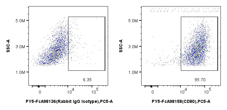 1x10^6 Balb/c mouse peritoneal macrophages were surface stained with 0.25 ug PE-Cyanine5 Anti-Mouse CD80 Rabbit RecAb (PY5-FcA98158, Clone: 241371E12) or 0.25 ug FcZero-rAb™ PE-Cyanine5 Rabbit IgG Isotype Control Recombinant Antibody (PY5-FcA98136, Clone: 240953C9). Cells were incubated with human Fc blocking Reagent prior to staining. Cells were not fixed. FC experiment of Balb/c mouse peritoneal macrophages using PY5-FcA98158