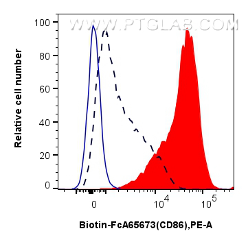 1x10^6 LPS-treated mouse splenocytes were surface stained with 0.25 ug Biotin Anti-Mouse CD86 (GL1) Rabbit IgG RecAb (Biotin-FcA65673, Clone: GL1) (red) or 0.25 ug Biotin-conjugated IgG control Rabbit PolyAb (<a class='green' href='/productredirect?CatalogNo=Biotin-30000' target='_blank'>Biotin-30000</a>) (blue), and PE-conjugated streptavidin. 1x10^6 untreated mouse splenocytes were surface stained with 0.25 ug Biotin Anti-Mouse CD86 (GL1) Rabbit IgG RecAb (Biotin-FcA65673, Clone: GL1) (black, dashed), and PE-conjugated streptavidin. Cells were not fixed. FC experiment of mouse splenocytes using Biotin-FcA65673