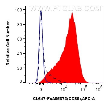 1x10^6 LPS treated mouse splenocytes were surface stained with 0.25 ug CoraLite® Plus 647 Anti-Mouse CD86 (GL1) Rabbit IgG RecAb (CL647-FcA65673, Clone: GL1) (red) or FcZero-rAb™ CoraLite® Plus 647 Rabbit IgG Isotype Control Recombinant Antibody (CL647-FcA98136, Clone: 240953C9) (blue). 1x10^6 untreated mouse splenocytes were surface stained with 0.25 ug CoraLite® Plus 647 Anti-Mouse CD86 (GL1) Rabbit IgG RecAb (CL647-FcA65673, Clone: GL1)(black, dashed). Cells were not fixed. FC experiment of mouse splenocytes using CL647-FcA65673