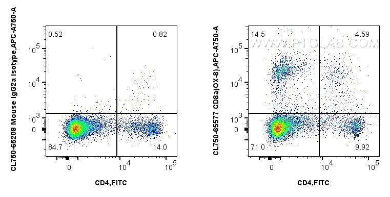 1x10^6 rat splenocytes were surface stained with FITC Plus Anti-Rat CD4, and 0.25 ug CoraLite® Plus 750 Anti-Rat CD8a (OX-8) Mouse IgG2a RecAb (CL750-65577, Clone: OX-8) or CoraLite® Plus 750 Mouse IgG2a Isotype Control (C1.18.4) (<a class='green' href='/productredirect?CatalogNo=CL750-65208' target='_blank'>CL750-65208</a>, Clone: C1.18.4). Cells were not fixed. FC experiment of rat splenocytes using CL750-65577