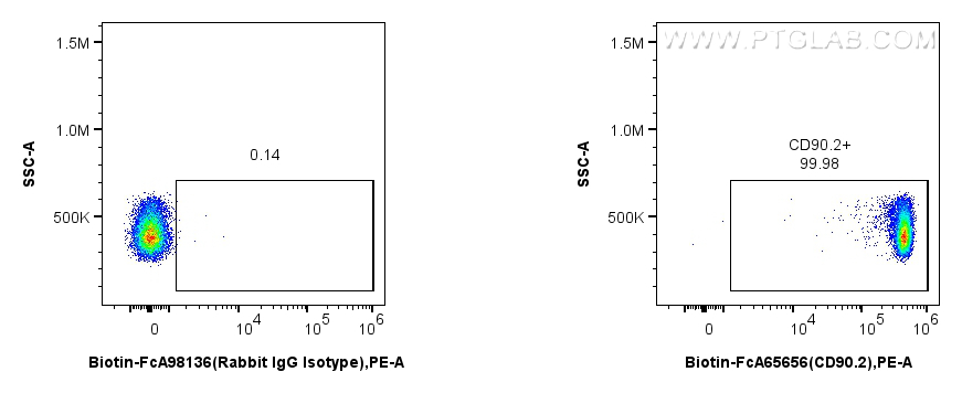 1x10^6 mouse thymocytes were surface stained with 0.25 ug Biotin Anti-Mouse CD90.2 (30-H12) Rabbit IgG RecAb (Biotin-FcA65656, Clone: 30-H12) or 0.25 ug Biotin-conjugated IgG control Rabbit PolyAb (<a class='green' href='/productredirect?CatalogNo=Biotin-FcA98136' target='_blank'>Biotin-FcA98136</a>), and PE-conjugated streptavidin. Cells were not fixed. FC experiment of mouse thymocytes using Biotin-FcA65656