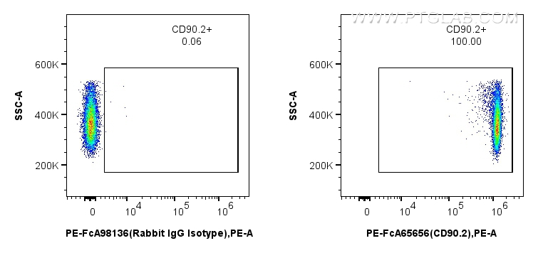 1x10^6 mouse thymocytes were surface stained with 0.1 ug PE Anti-Mouse CD90.2 (30-H12) Rabbit IgG RecAb (PE-FcA65656, Clone: 30-H12) or PE Rabbit IgG Isotype Control RecAb (<a class='green' href='/productredirect?CatalogNo=PE-FcA98136' target='_blank'>PE-FcA98136</a>, Clone: 240953C9). Cells were not fixed. FC experiment of mouse thymocytes using PE-FcA65656