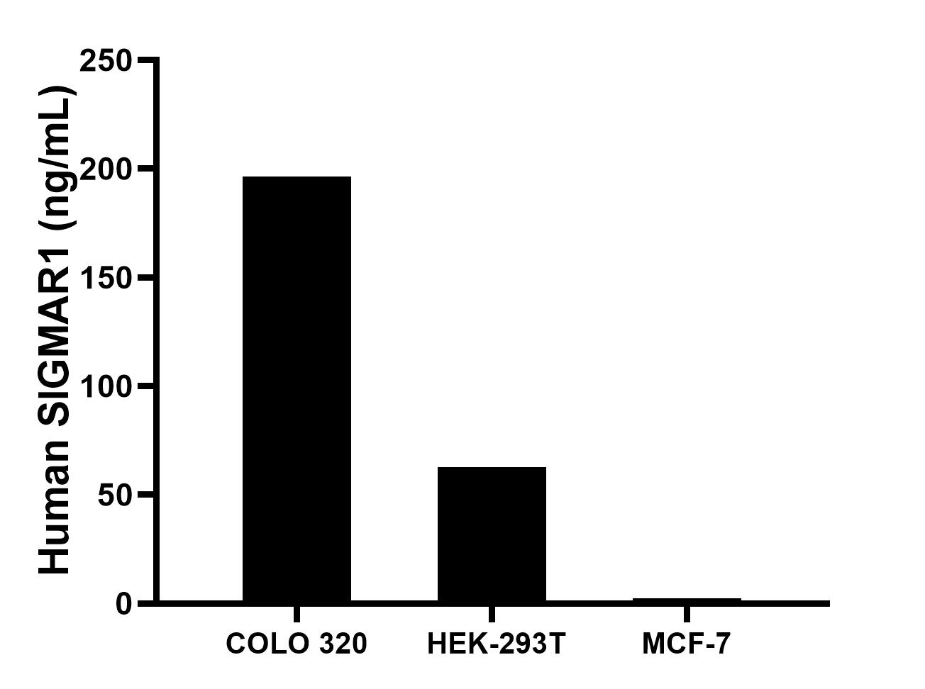 The mean SIGMAR1 concentration was determined to be 196.5 ng/mL in COLO 320 cell extract based on a 1.2 mg/mL extract load, 62.8 ng/mL in HEK-293T cell extract based on a 1.2 mg/mL extract load, 2.5 ng/mL in MCF-7 cell extract based on a 1.2 mg/mL extract load. The mean SIGMAR1 concentration was determined to be 196.5 ng/mL in COLO 320 cell extract based on a 1.2 mg/mL extract load, 62.8 ng/mL in HEK-293T cell extract based on a 1.2 mg/mL extract load, 2.5 ng/mL in MCF-7 cell extract based on a 1.2 mg/mL extract load.