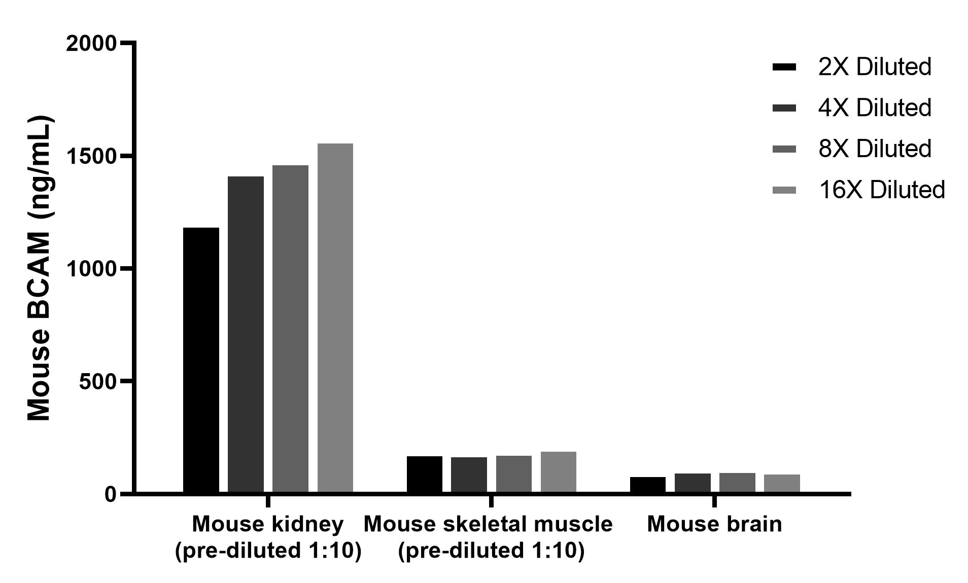 The mean BCAM concentration was determined to be 1420.5 ng/mL in Mouse kidney tissue extract based on a 7.8 mg/mL extract load, 192.3 ng/mL in Mouse skeletal muscle tissue extract based on a 4.1 mg/mL extract load, 106.5 ng/mL in Mouse brain tissue extract based on a 3.2 mg/mL extract load. Cytometric bead array sample test of MP03036-1