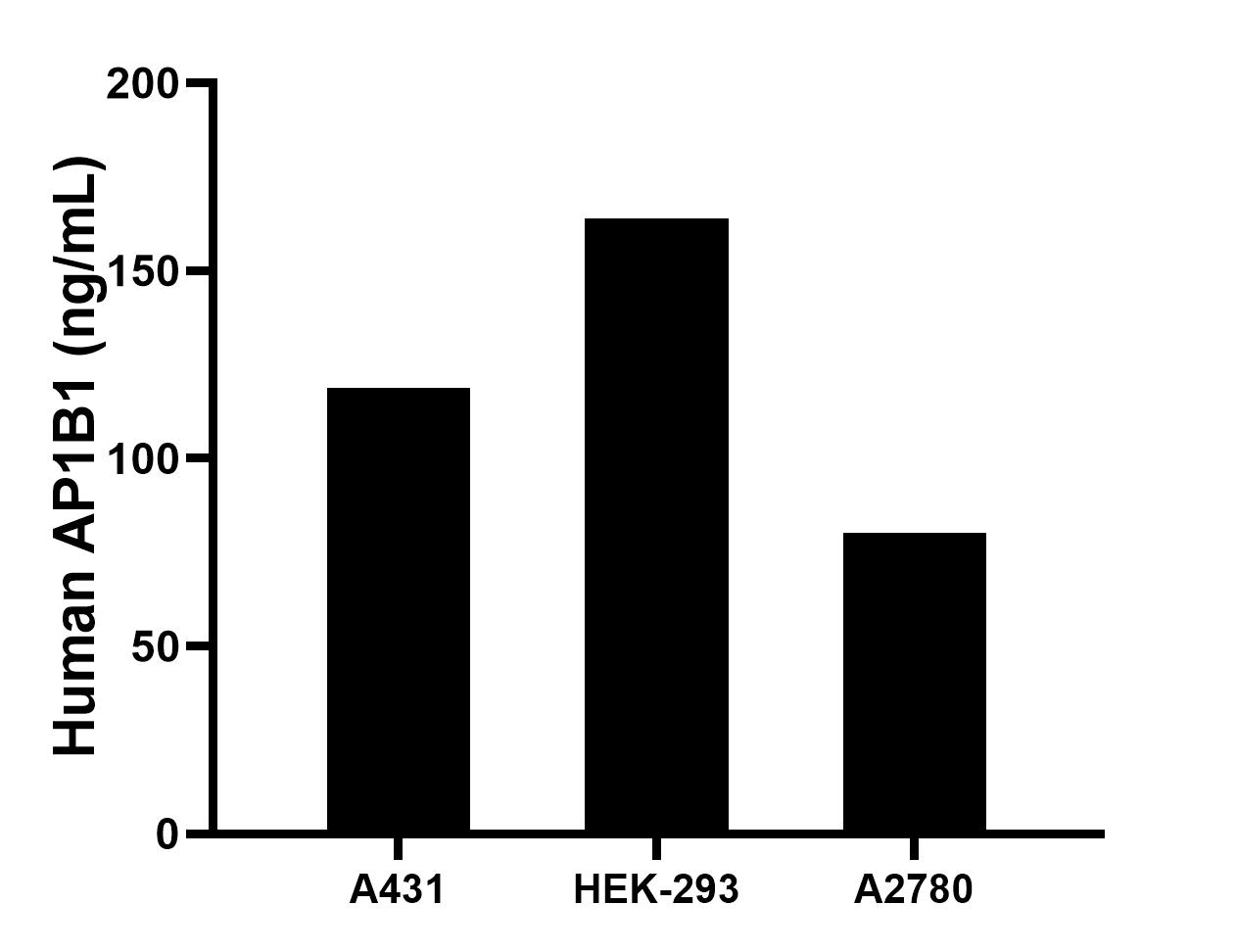 The mean AP1B1 concentration was determined to be 118.8 ng/mL in A431 cell extract based on a 1.2 mg/mL extract load, 163.8 ng/mL in HEK-293 cell extract based on a 1.5 mg/mL extract load, 80.2 ng/mL in A2780 cell extract based on a 1.2 mg/mL extract load.