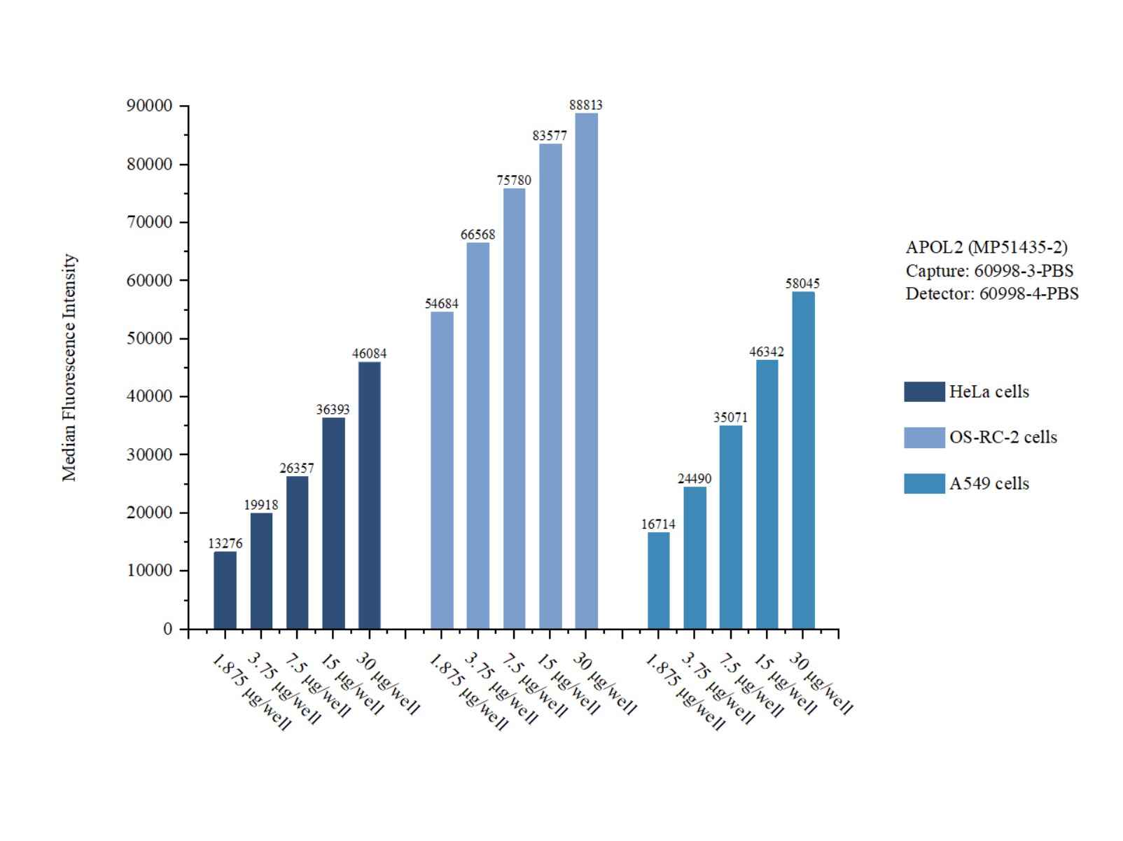 Cytometric bead array sample test of MP51435-2, APOL2 Monoclonal Matched Antibody Pair, PBS Only. Capture antibody: 60998-3-PBS. Detection antibody: 60998-4-PBS.