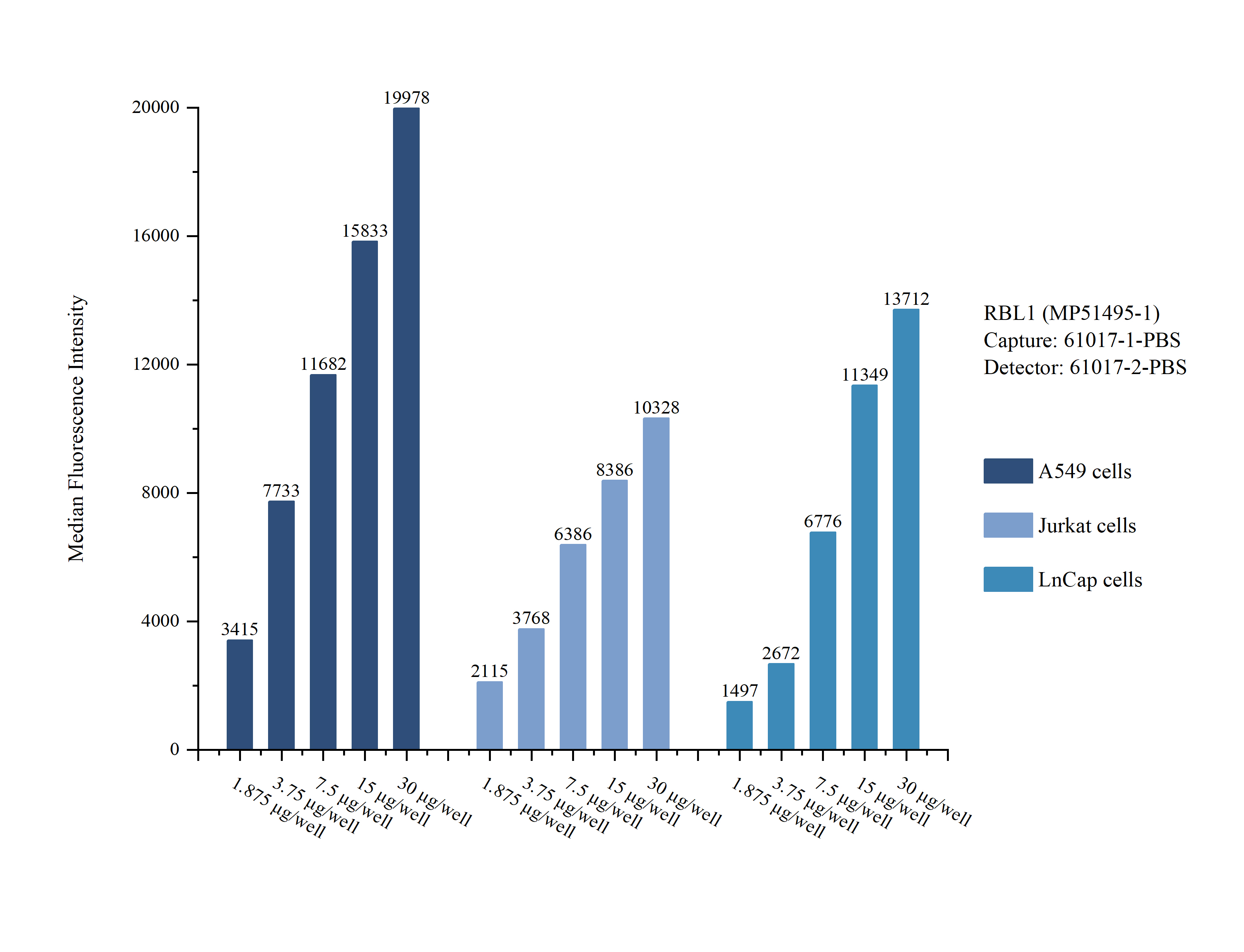 Cytometric bead array sample test of MP51495-1, RBL1 Monoclonal Matched Antibody Pair, PBS Only. Capture antibody: 61017-1-PBS. Detection antibody: 61017-2-PBS.