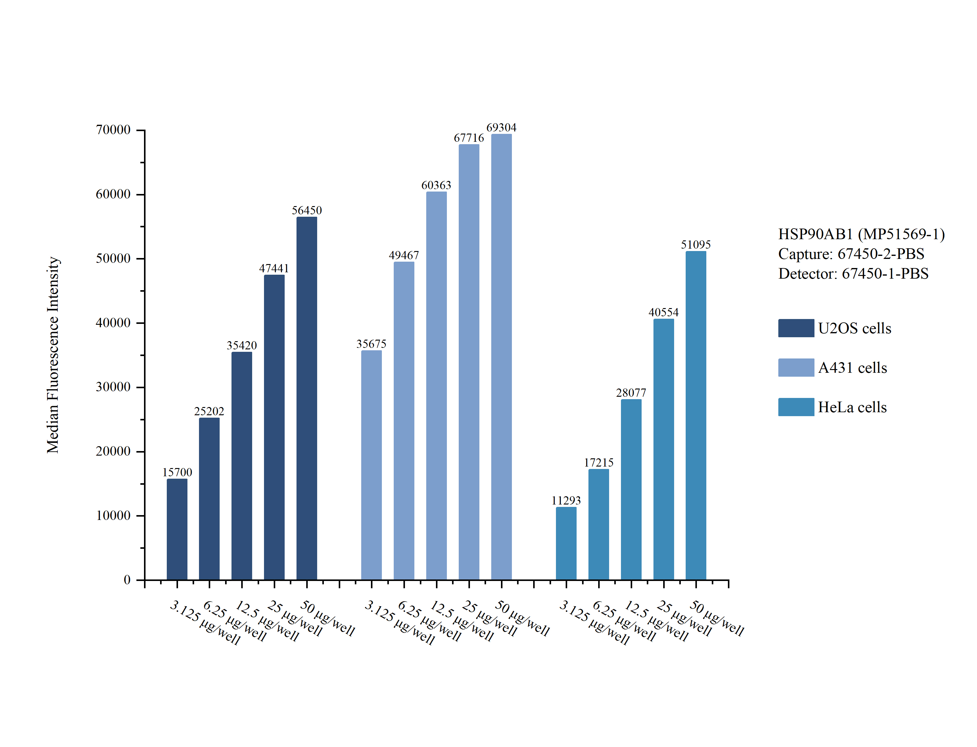 Cytometric bead array sample test of MP51569-1, HSP90AB1 Monoclonal Matched Antibody Pair, PBS Only. Capture antibody: 67450-2-PBS. Detection antibody: 67450-1-PBS. 
