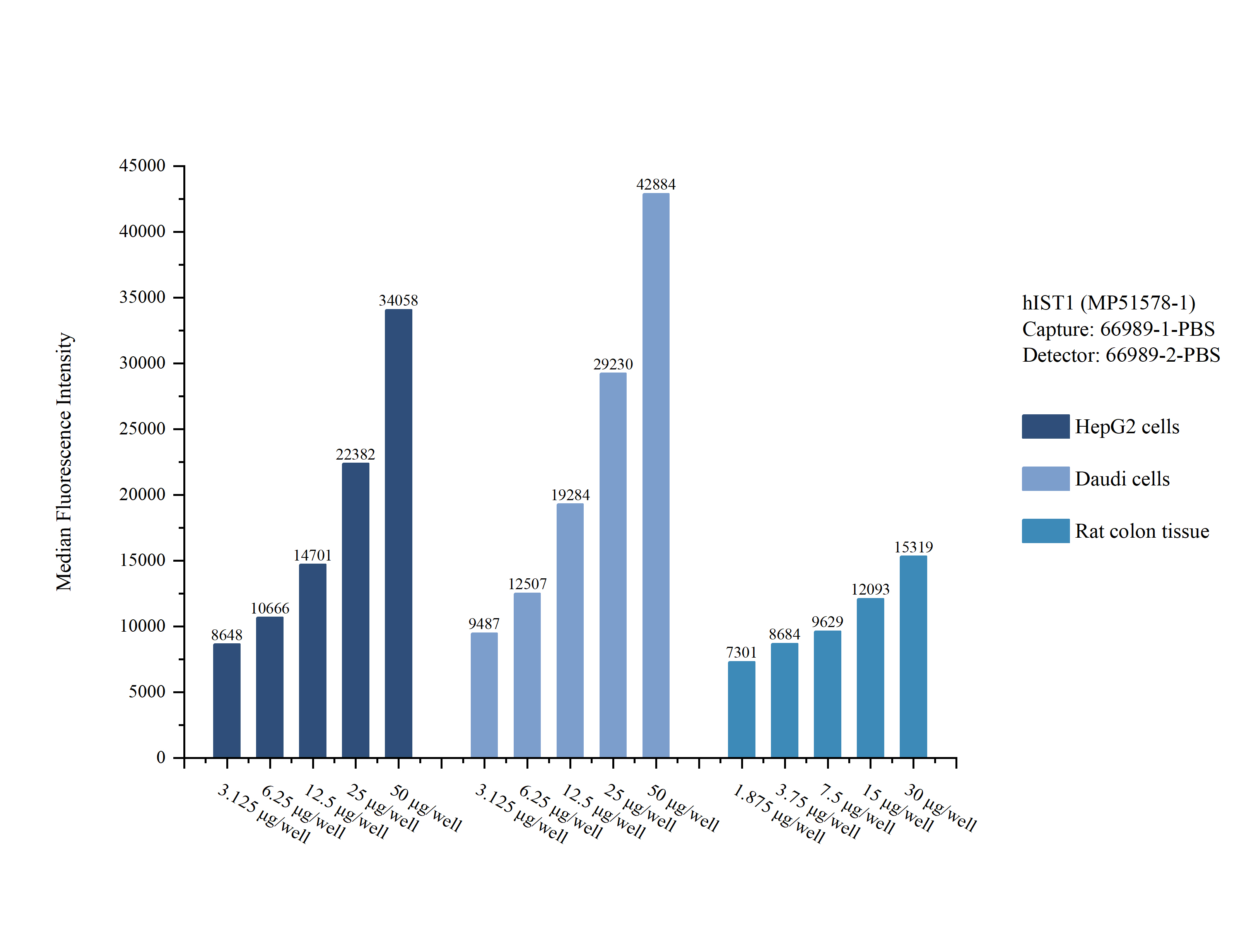 Cytometric bead array sample test of MP51578-1, hIST1 Monoclonal Matched Antibody Pair, PBS Only. Capture antibody: 66989-1-PBS. Detection antibody: 66989-2-PBS. 