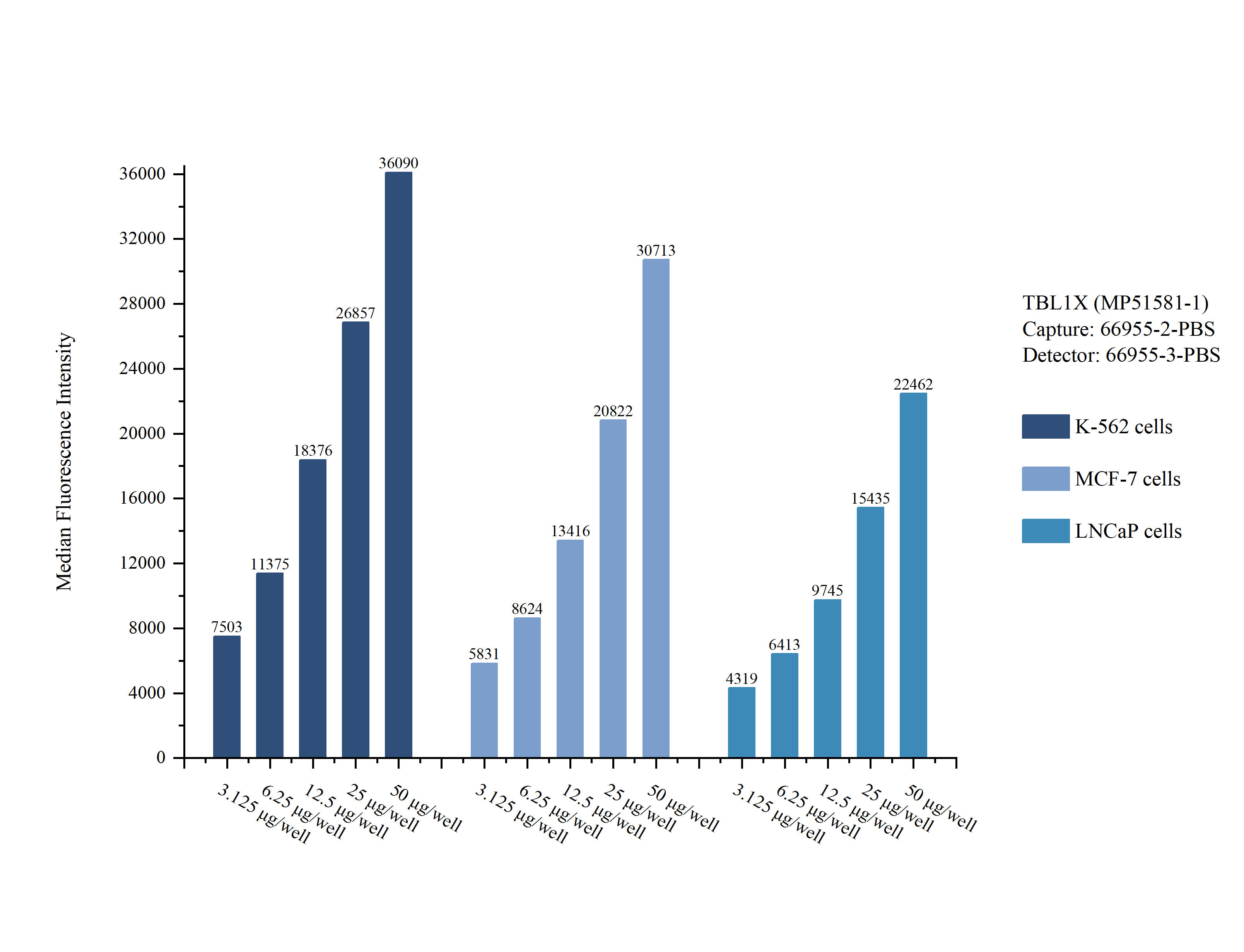 Cytometric bead array sample test of MP51581-1, TBL1X Monoclonal Matched Antibody Pair, PBS Only. Capture antibody: 66955-2-PBS. Detection antibody: 66955-3-PBS.