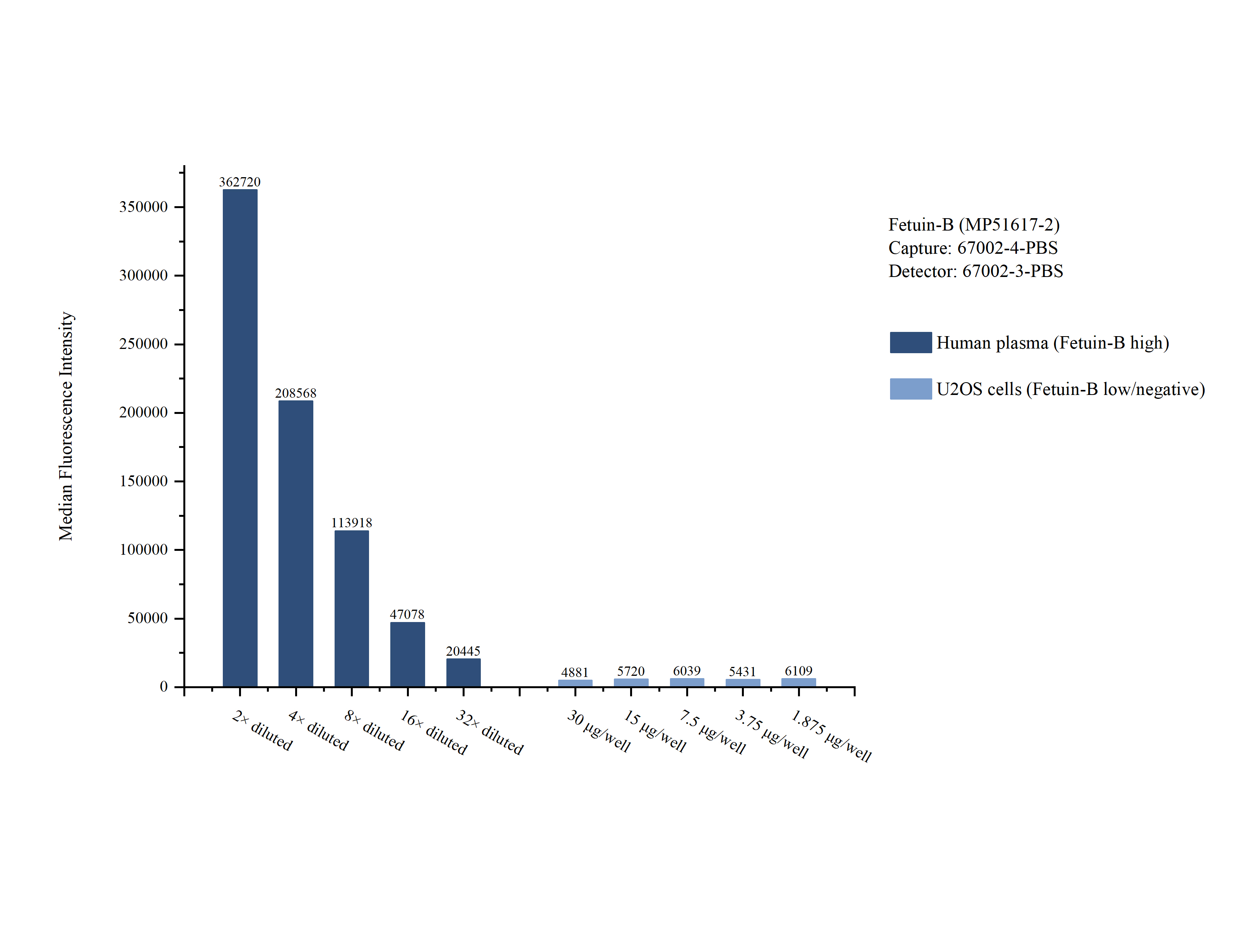 Cytometric bead array sample test of <a class='green' href='/productredirect?CatalogNo=MP51617-2' target='_blank'>MP51617-2</a>, Fetuin-B Monoclonal Matched Antibody Pair, PBS Only. Capture antibody: <a class='green' href='/productredirect?CatalogNo=67002-4-PBS' target='_blank'>67002-4-PBS</a>. Detection antibody: 67002-3-PBS. Cytometric bead array sample test of MP51617-2