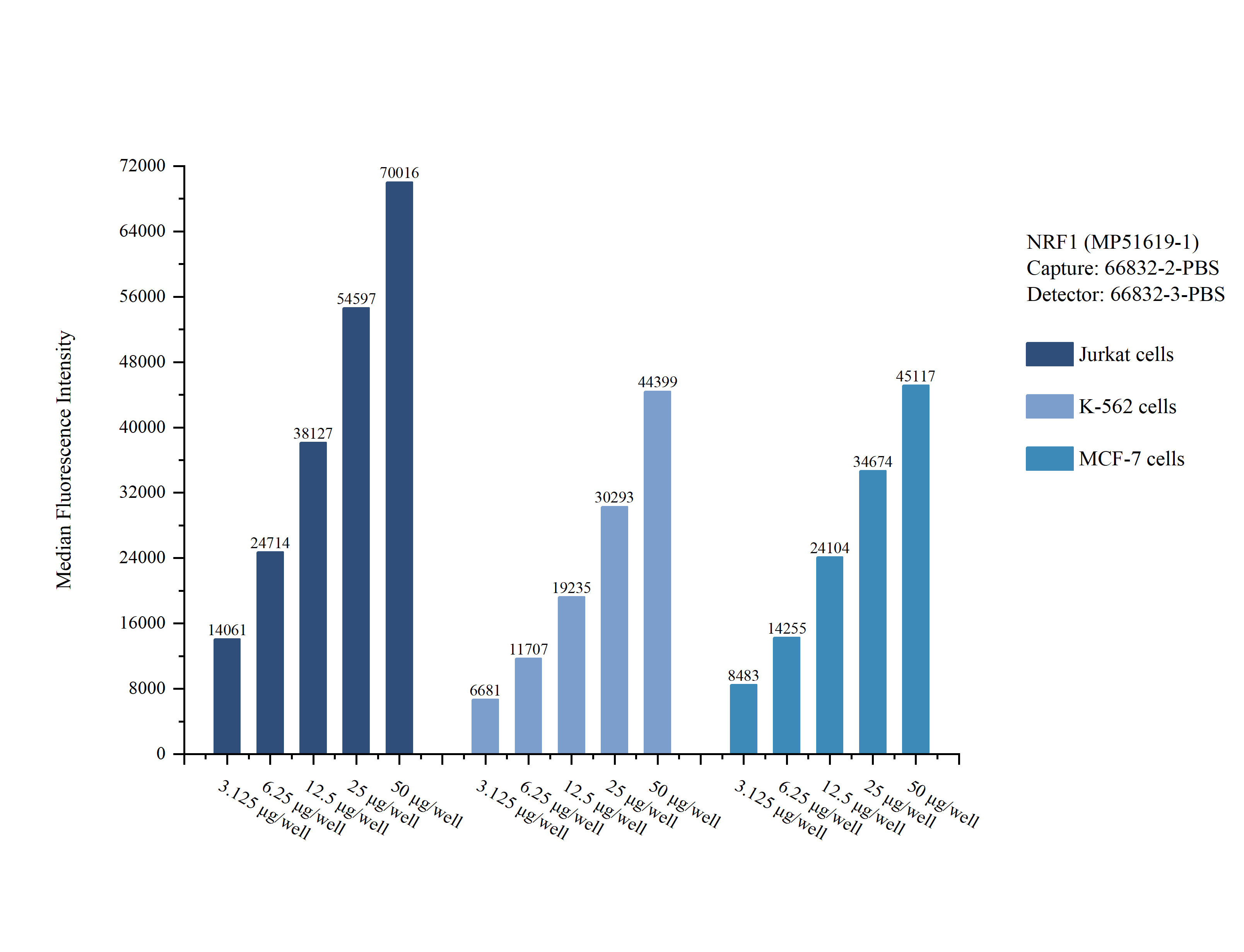 Cytometric bead array sample test of <a class='green' href='/productredirect?CatalogNo=MP51619-1' target='_blank'>MP51619-1</a>, NRF1 Monoclonal Matched Antibody Pair, PBS Only. Capture antibody: 66832-2-PBS. Detection antibody: <a class='green' href='/productredirect?CatalogNo=66832-3-PBS' target='_blank'>66832-3-PBS</a>. Cytometric bead array sample test of MP51619-1