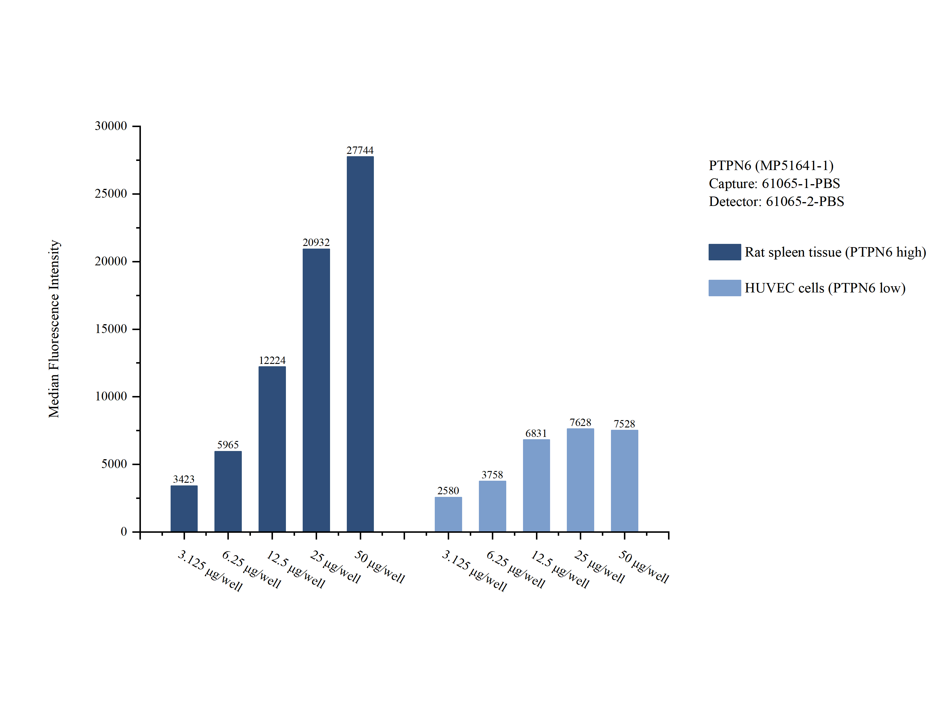 Cytometric bead array sample test of MP51641-1, PTPN6 Monoclonal Matched Antibody Pair, PBS Only. Capture antibody: 61065-1-PBS. Detection antibody: 61065-2-PBS. Cytometric bead array sample test of MP51641-1, PTPN6 Monoclonal Matched Antibody Pair, PBS Only. Capture antibody: 61065-1-PBS. Detection antibody: 61065-2-PBS.