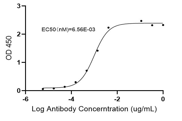 ELISA analysis of Digoxin was performed by coating wells of a 96-well plate with 100 µl per well of Digoxin-BSA, diluted in carbonate/bicarbonate buffer, at a concentration of 0.7 µg/mL (2hr,37℃). The plate was washed, blocked with 1% BSA blocking buffer, and incubated with 100 µl per well of Digoxin Recombinant Monoclonal Antibody (Product # 86100-7-RR) and serially diluting it with a starting concentration of 1 µg/mL (1 hr,37℃). The plate was washed and incubated with 100 µl per well of an HRP-conjugated goat anti-Rabbit IgG secondary antibody at a dilution of 1:10,000 (1 hr, 37℃). Detection was performed using an Ultra TMB Substrate (3-5 min, room temp). The reaction was stopped with sulfuric acid and absorbances were read on a spectrophotometer at 450 nm. ELISA experiment of Digoxin using 86100-7-RR