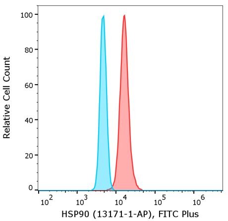 Flow cytometry of Jurkat cells. 1X10^6 Jurkat cells were intracellularly stained with anti-HSP90 antibody (13171-1-AP) labeled with FlexAble FITC Plus Kit (KFA008, red) or with isotype control antibody labeled with FlexAble FITC Plus Kit (KFA008, cyan).
