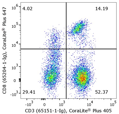 Flow cytometry of PBMC. 1X10^6 human peripheral blood mononuclear cells (PBMCs) were stained with anti-human CD3 (clone UCHT1, 65151-1-Ig) labeled with FlexAble CoraLite® Plus 405 Kit (KFA026) and anti-human CD8 (clone UCHT4, 65204-1-Ig) labeled with FlexAble CoraLite® Plus 6475 Kit (KFA043).
