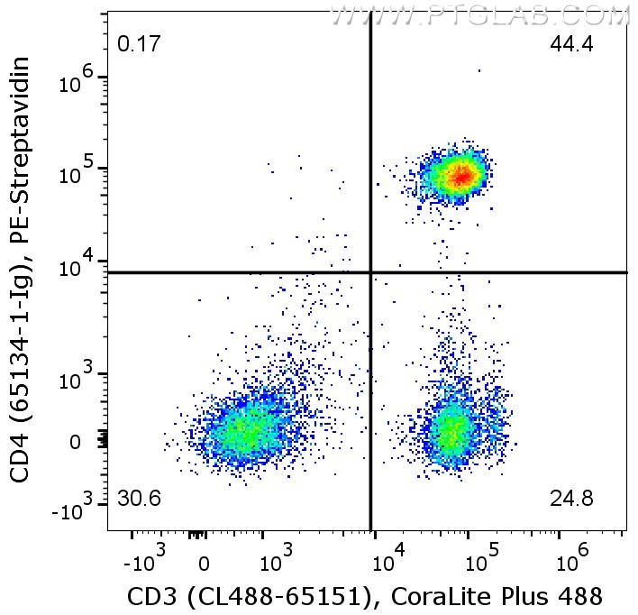 Flow cytometry of PBMC.  1X10^6 human PBMC were stained with either mouse IgG2b isotype control or anti-human CD4 antibody (65134-1-Ig), which are labeled with FlexAble Biotin Antibody Labeling Kit for Mouse IgG2b (KFA067) and Streptavidin-PE. Cells were co-stained with anti-human CD3 antibody (CL488-65151). Cells are not fixed, lymphocytes are gated.