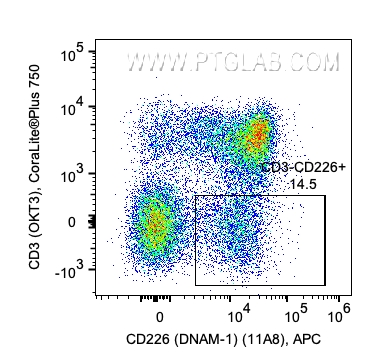 用Human NK Cell Basics Panel（PK30009）对1x10^6人外周血单核细胞进行染色。对CD3-/CD226+细胞设门。目标细胞群：淋巴细胞。细胞未固定。