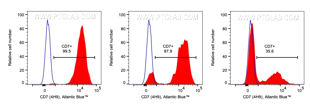 用Human NK Cell Basics Panel（PK30009）对1x10^6人外周血单核细胞进行染色。直方图显示CD56dim/CD16bright（左）、CD56bright/CD16-（中）和CD56-/CD16-双阴性（右）细胞上CD7的表达。目标细胞群：CD3-/CD226+细胞，其次是CD56/CD16设门细胞。细胞未固定。