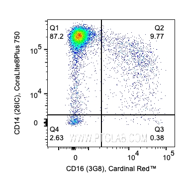 用Human Monocyte Basics Panel（PK30010）对1x10^6人外周血单核细胞进行染色。散点图显示CD3-/HLA-DR+单核细胞上CD14和CD16的表达。细胞未固定。
