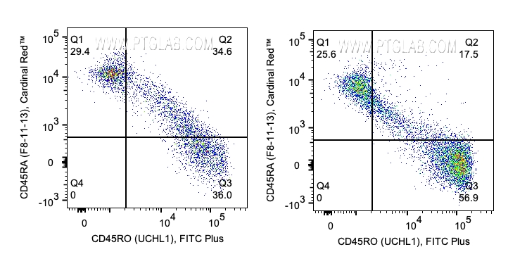 用Human Naïve/Memory T Cell Panel（PK30011）对1x10^6人外周血单核细胞进行染色。散点图显示CD3+CD8+（左）和CD3+/CD4+（右）淋巴细胞上CD45RA和CD45RO的表达。细胞未固定。