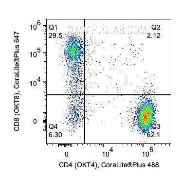 用Human TBNK Basics Panel（PK30012）对1x10^6人外周血单核细胞进行染色。散点图显示CD3+/CD19- 淋巴细胞上CD4 和CD8的表达。细胞未固定。