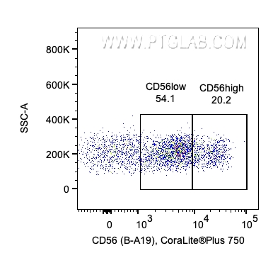 用Human TBNK Basics Panel（PK30012）对1x10^6人外周血单核细胞进行染色。散点图显示CD3-/CD19-淋巴细胞上CD56的表达。细胞未固定。